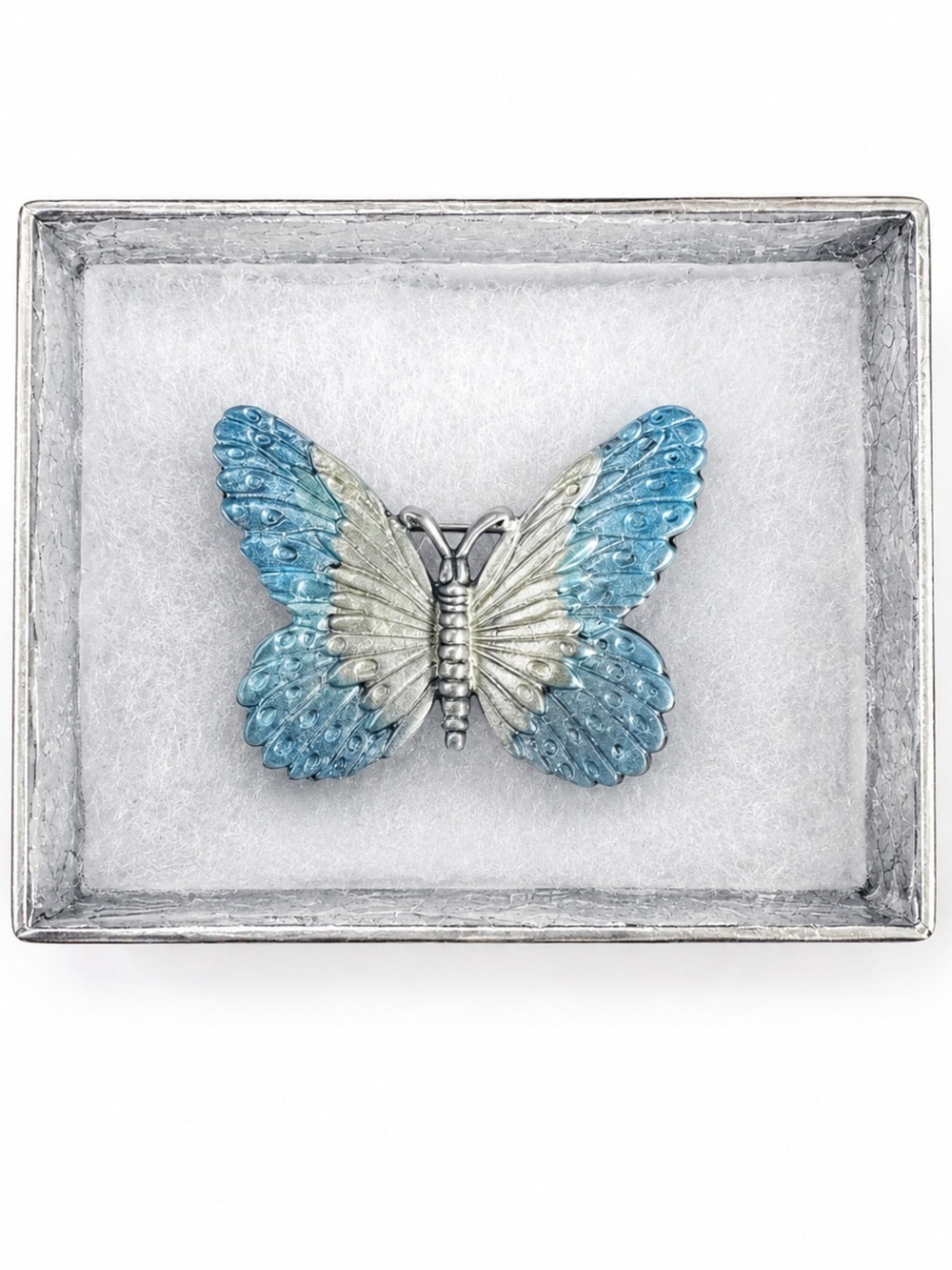 Luca Razza Blue Enamel Butterfly Brooch Silver Tone Statement Pin Signed Vintage
